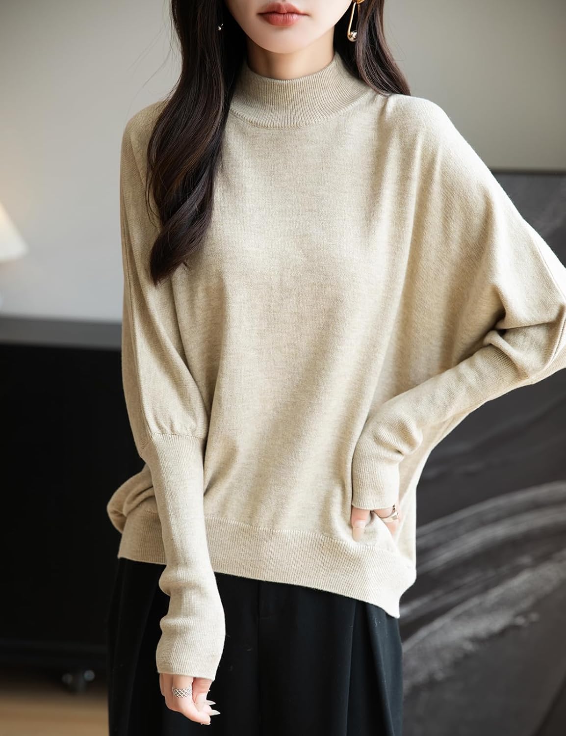 Merino Wool Blend Mock Neck Batwing Sleeve Sweater