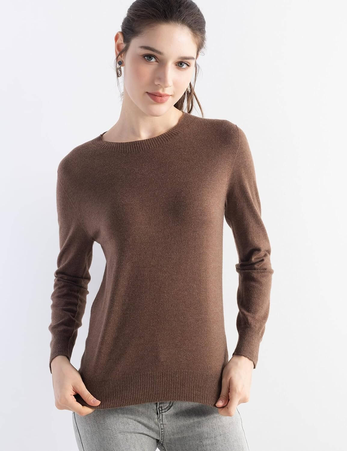 Merino Wool Blend Crew Neck Seamless Knit Sweater