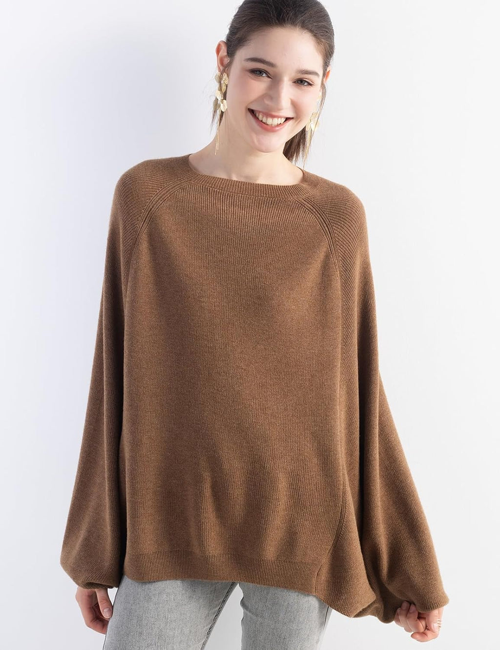 Merino Wool Blend Oversized Crewneck Batwing Sweater