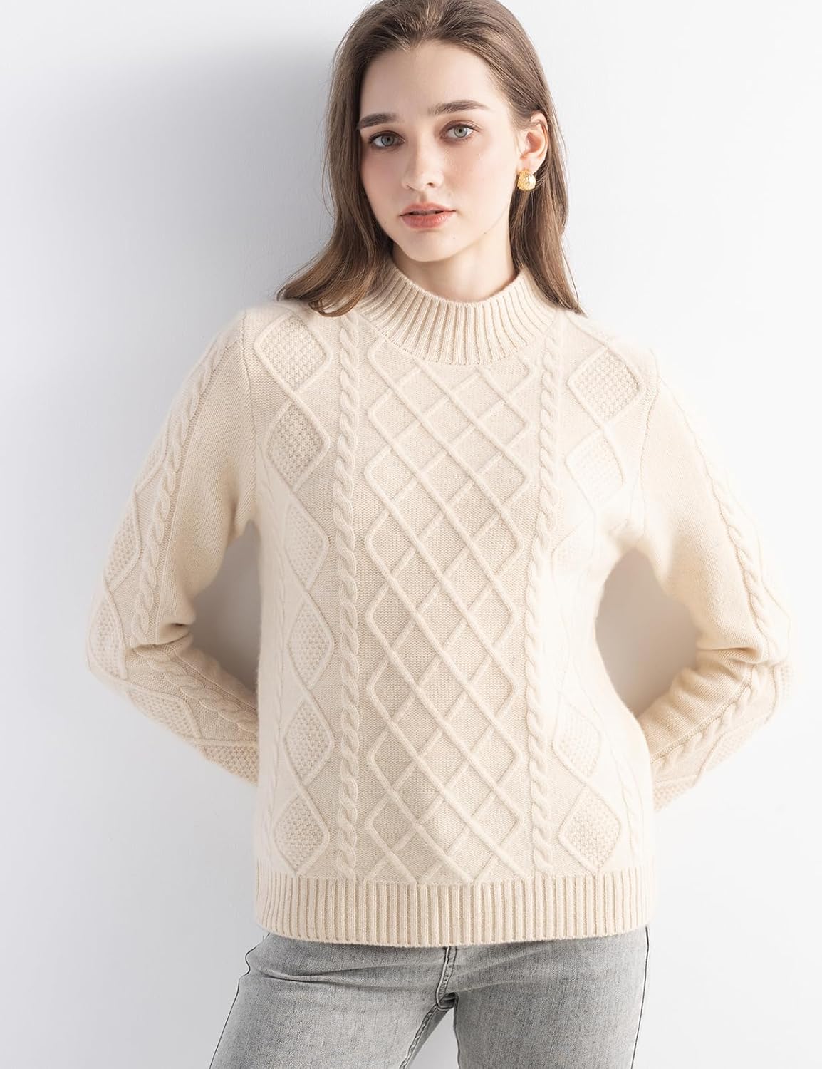Mongolian Cashmere Casual Mock Neck Cable Sweater