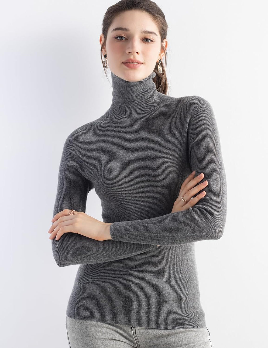 Merino Wool Blend Ribbed Turtleneck Slim Fit Sweater