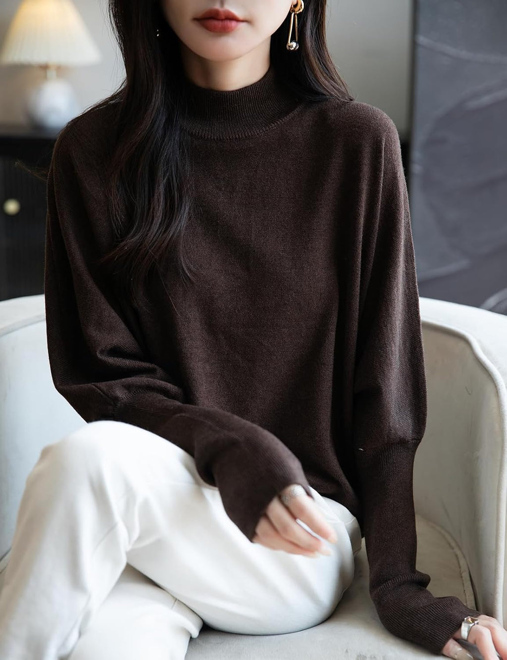 Merino Wool Blend Mock Neck Batwing Sleeve Sweater