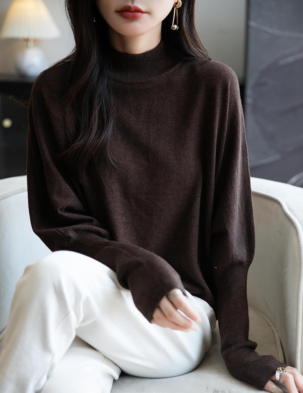 Merino Wool Blend Mock Neck Batwing Sleeve Sweater