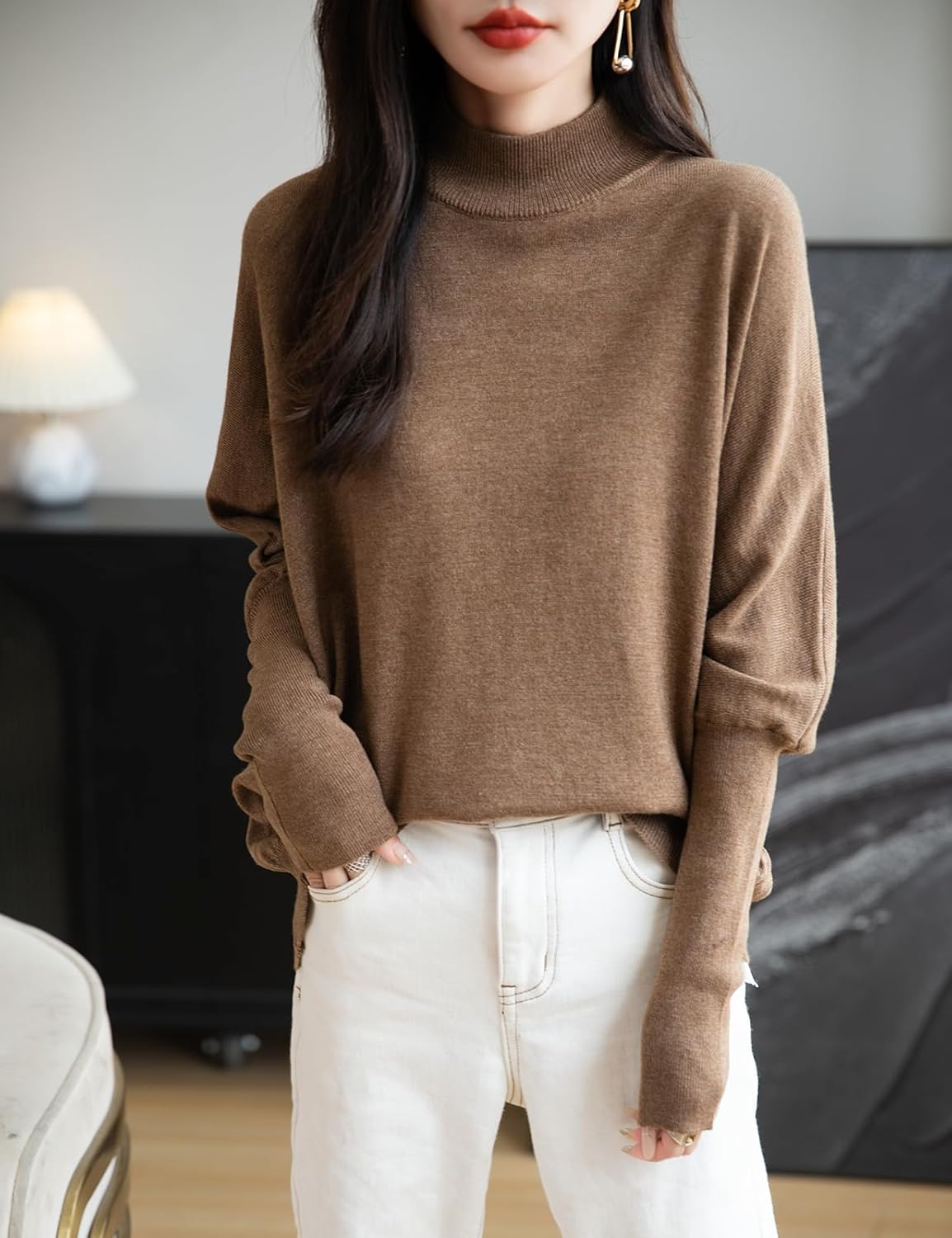 Merino Wool Blend Mock Neck Batwing Sleeve Sweater