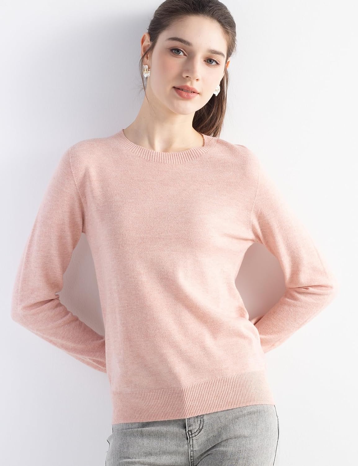 Merino Wool Blend Crew Neck Seamless Knit Sweater