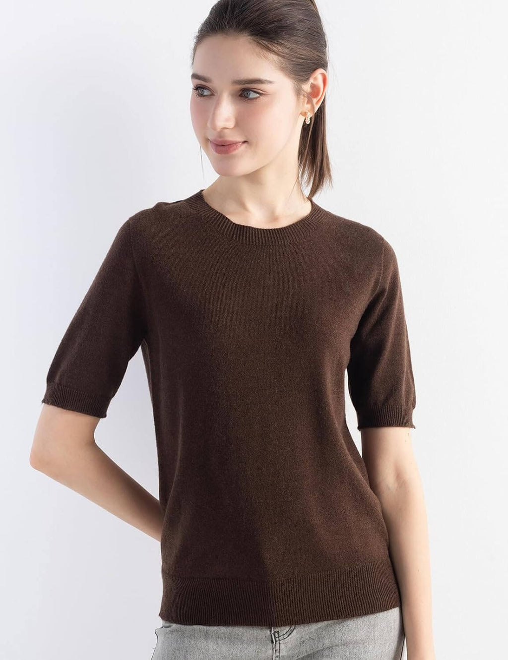 Merino Wool Blend Crew Neck Short Sleeve Seamless Knit Sweater