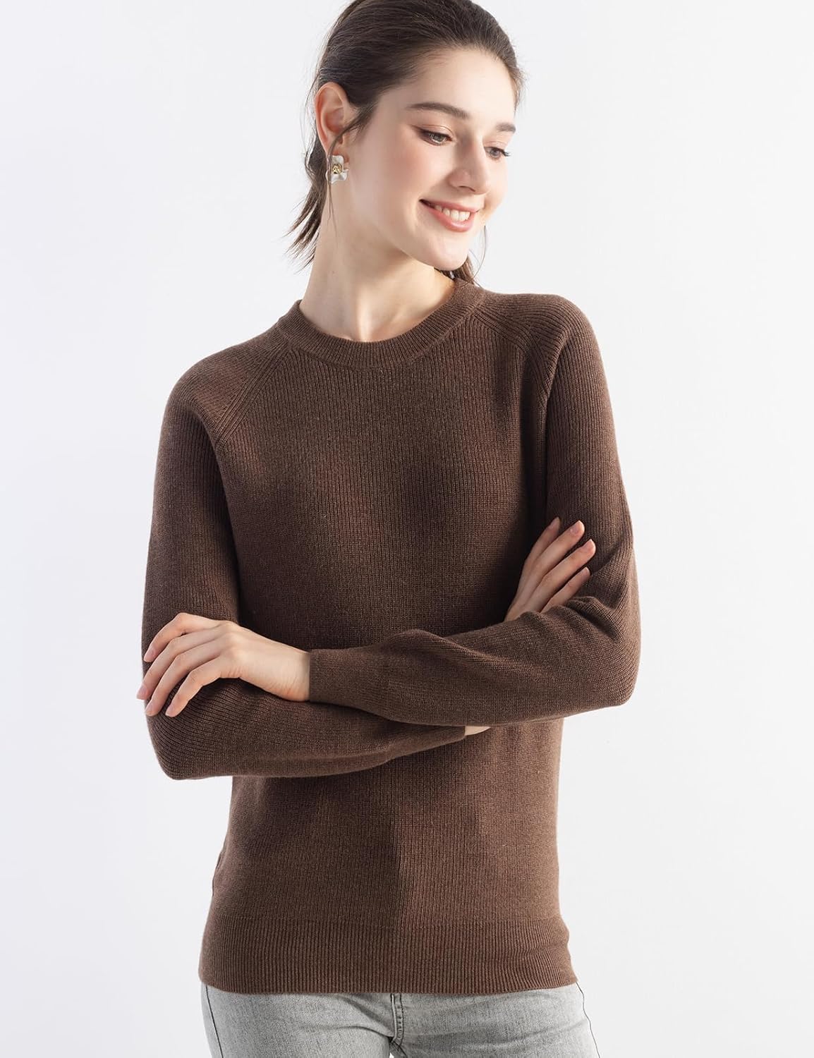 Merino Wool Blend Crew Neck Knit Sweater