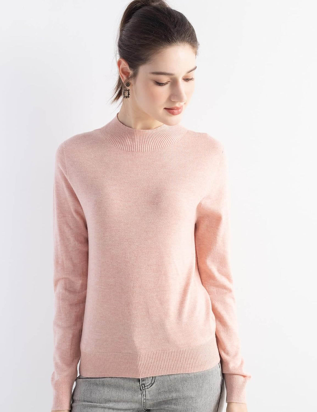 Merino Wool Blend Mock Neck Seamless Knit Sweater