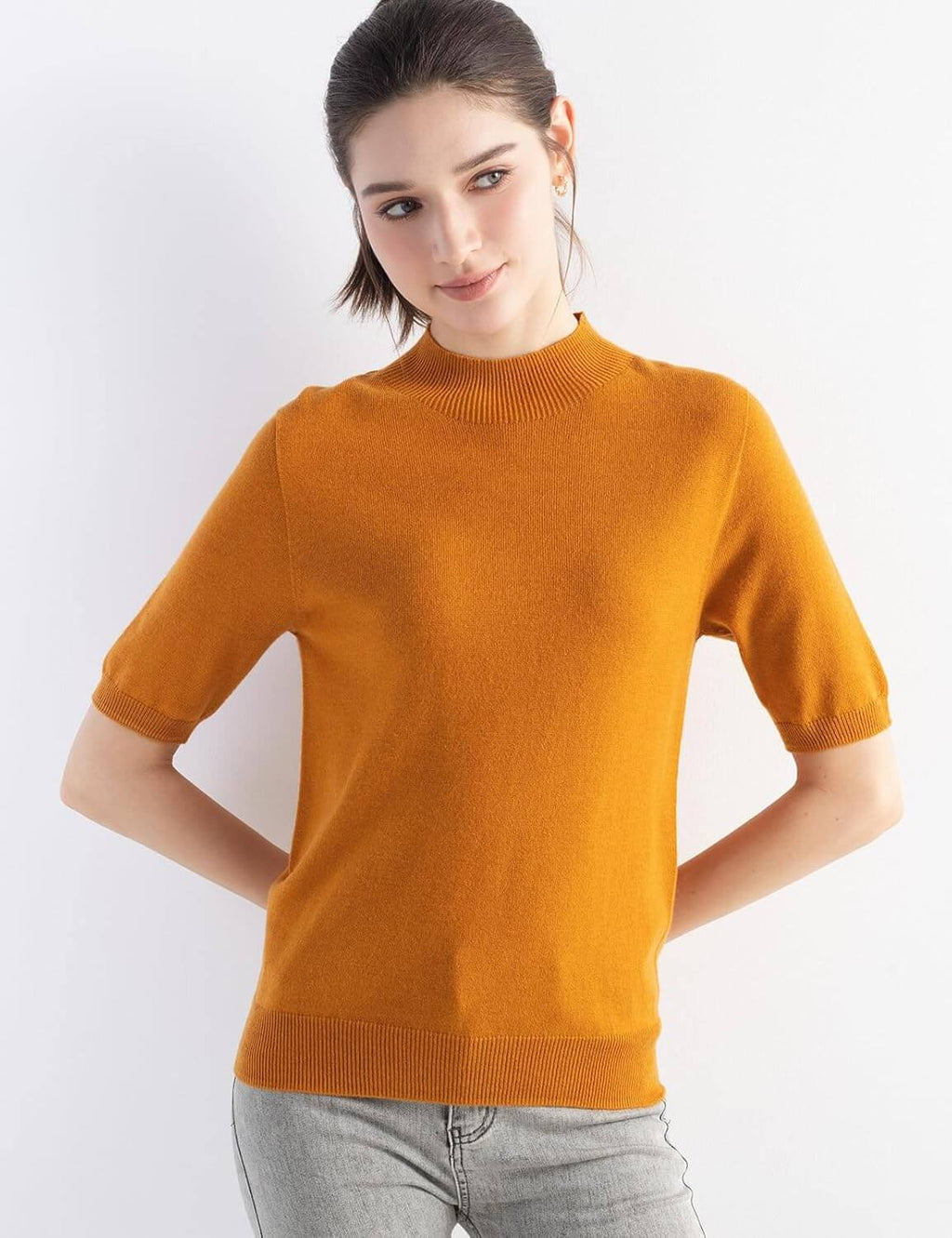 Merino Wool Blend Mock Neck Short Sleeve Seamless Knit Sweater