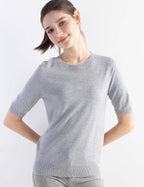 Merino Wool Blend Crew Neck Short Sleeve Seamless Knit Sweater