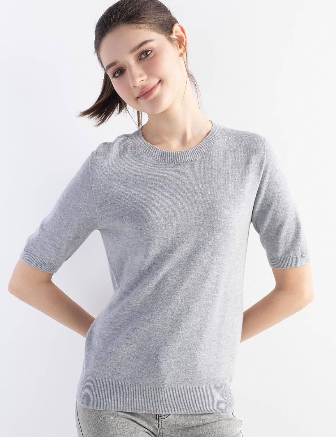 Merino Wool Blend Crew Neck Short Sleeve Seamless Knit Sweater