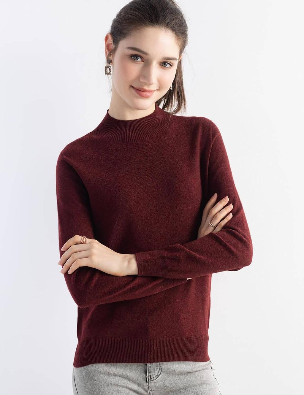 Merino Wool Blend Mock Neck Seamless Knit Sweater