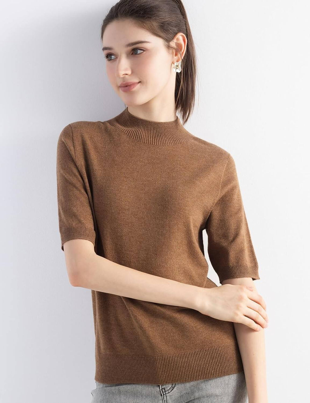 Merino Wool Blend Mock Neck Short Sleeve Seamless Knit Sweater