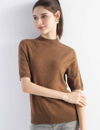 Merino Wool Blend Mock Neck Short Sleeve Seamless Knit Sweater