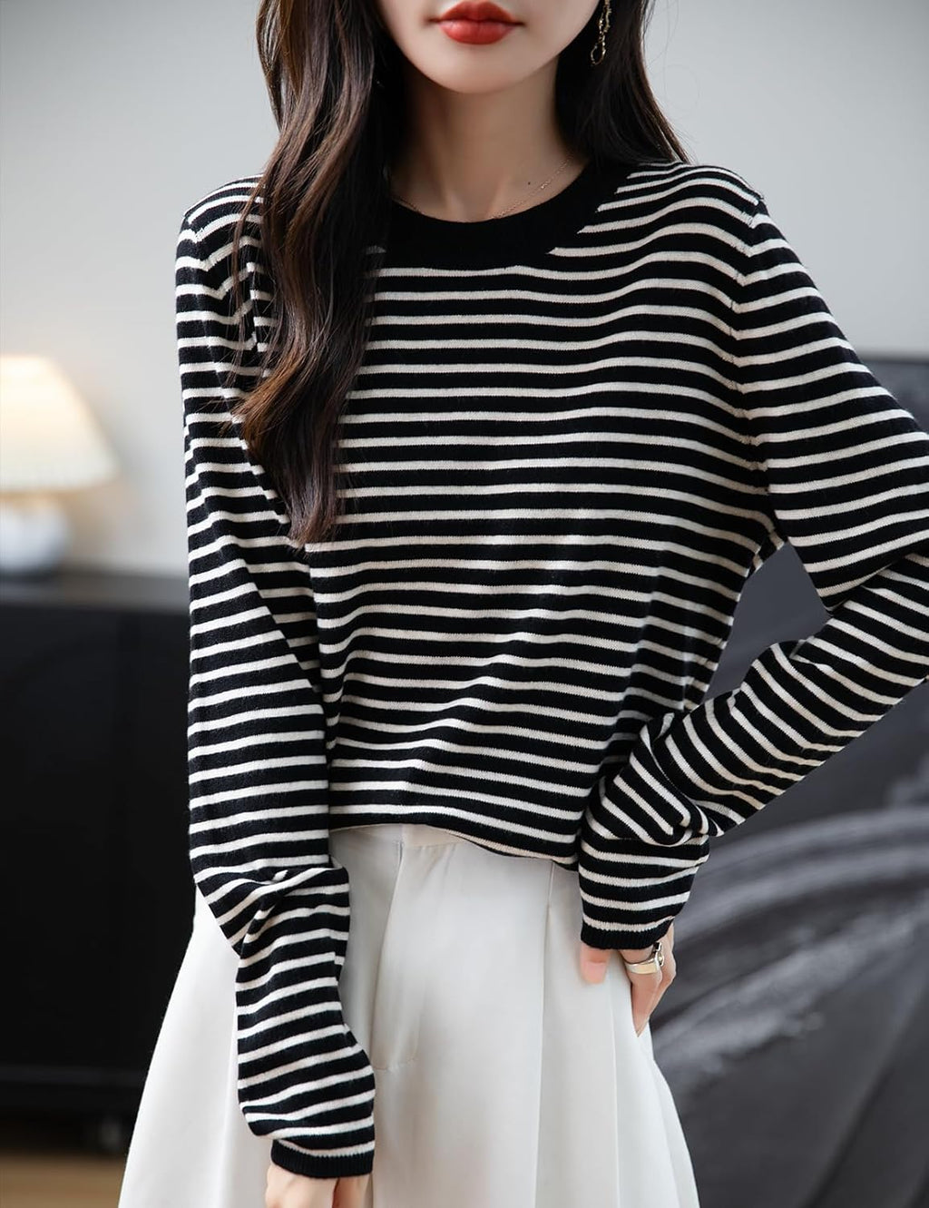 Merino Wool Blend Striped Crewneck Sweater