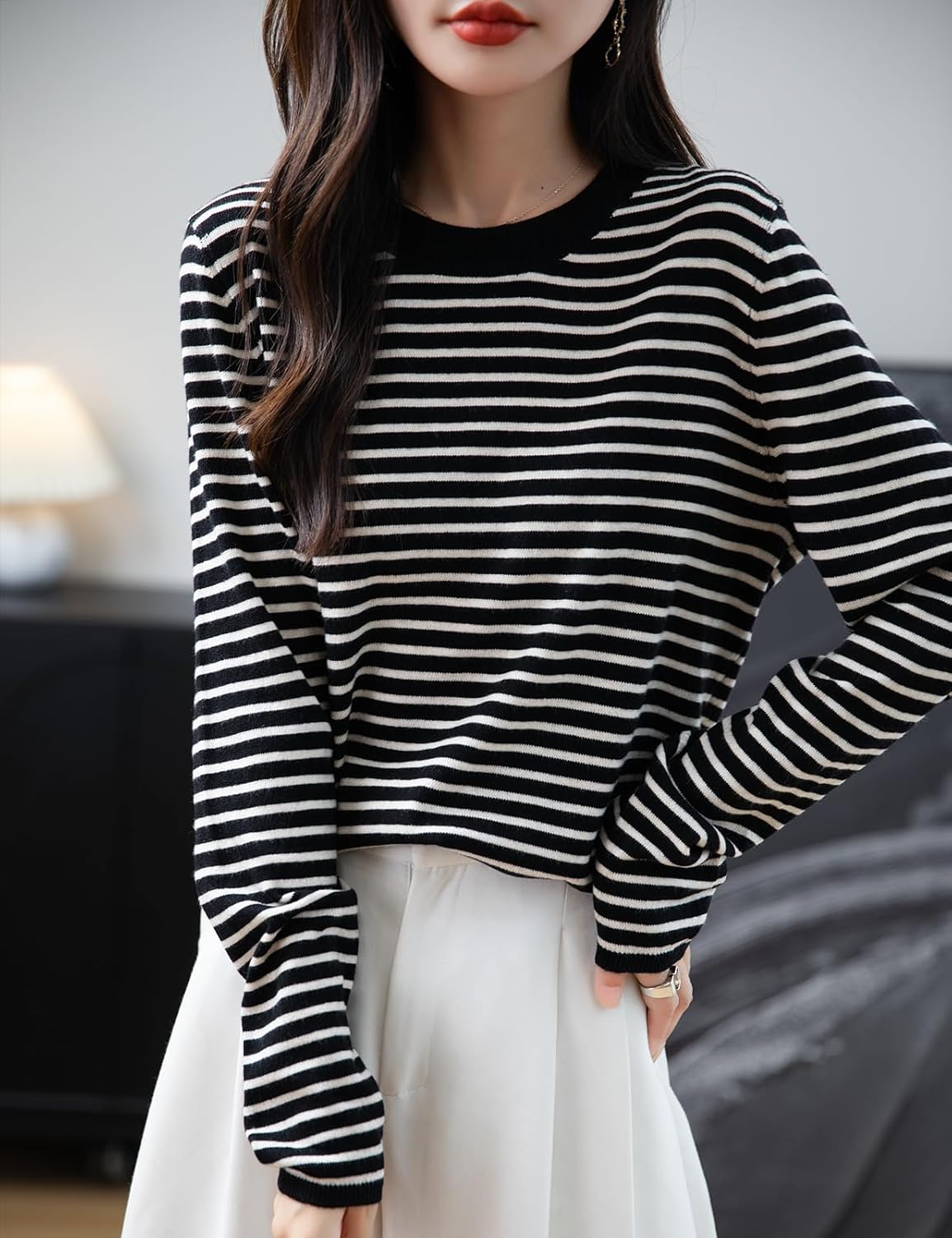 Merino Wool Blend Striped Crewneck Sweater