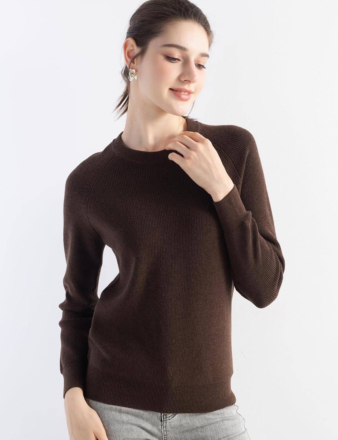 Merino Wool Blend Crew Neck Knit Sweater