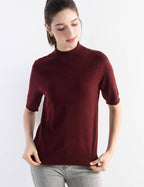 Merino Wool Blend Mock Neck Short Sleeve Seamless Knit Sweater