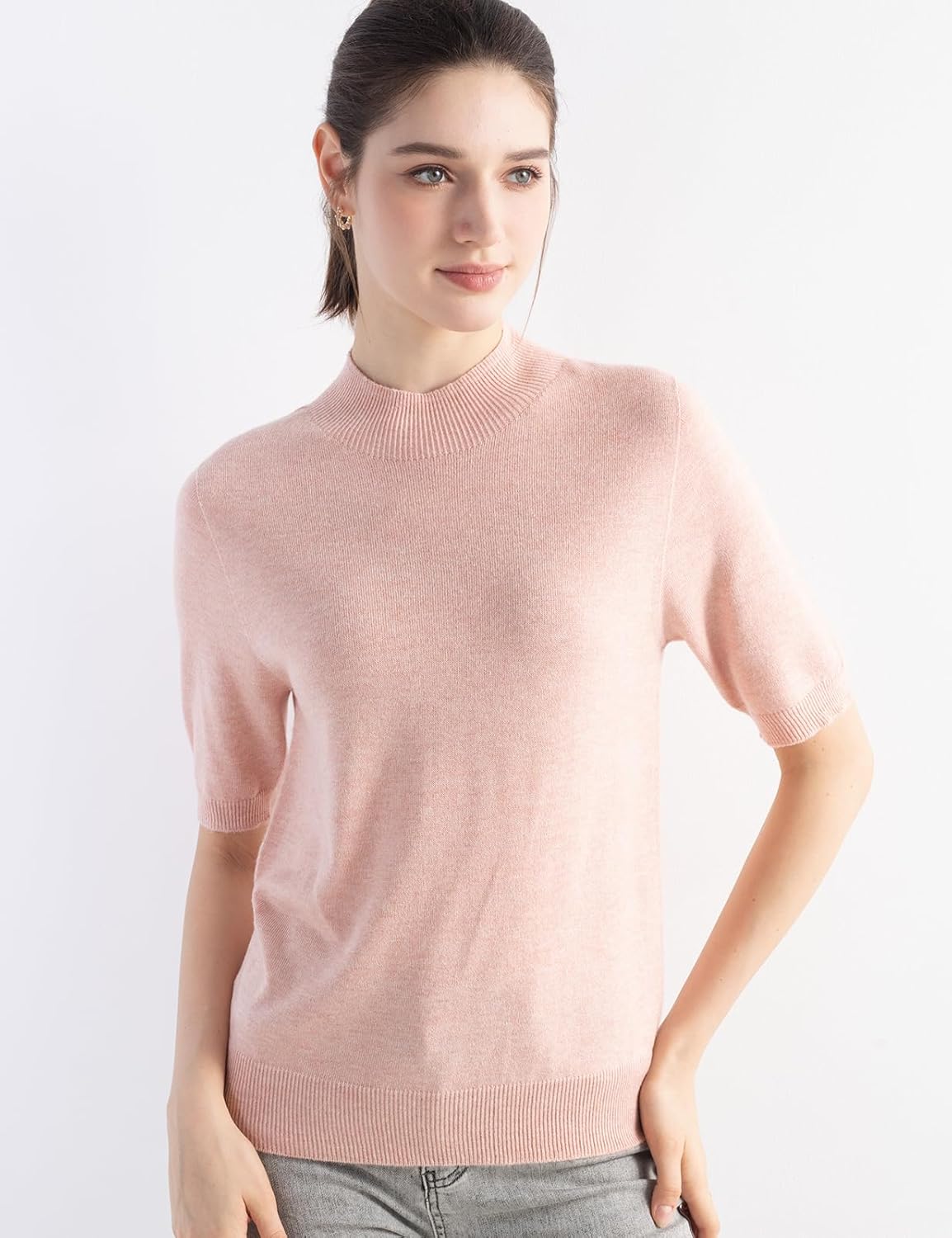 Merino Wool Blend Mock Neck Short Sleeve Seamless Knit Sweater