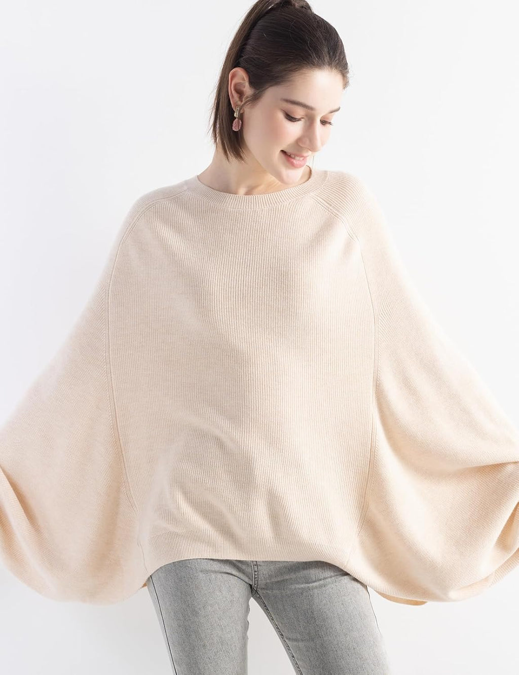 Merino Wool Blend Oversized Crewneck Batwing Sweater