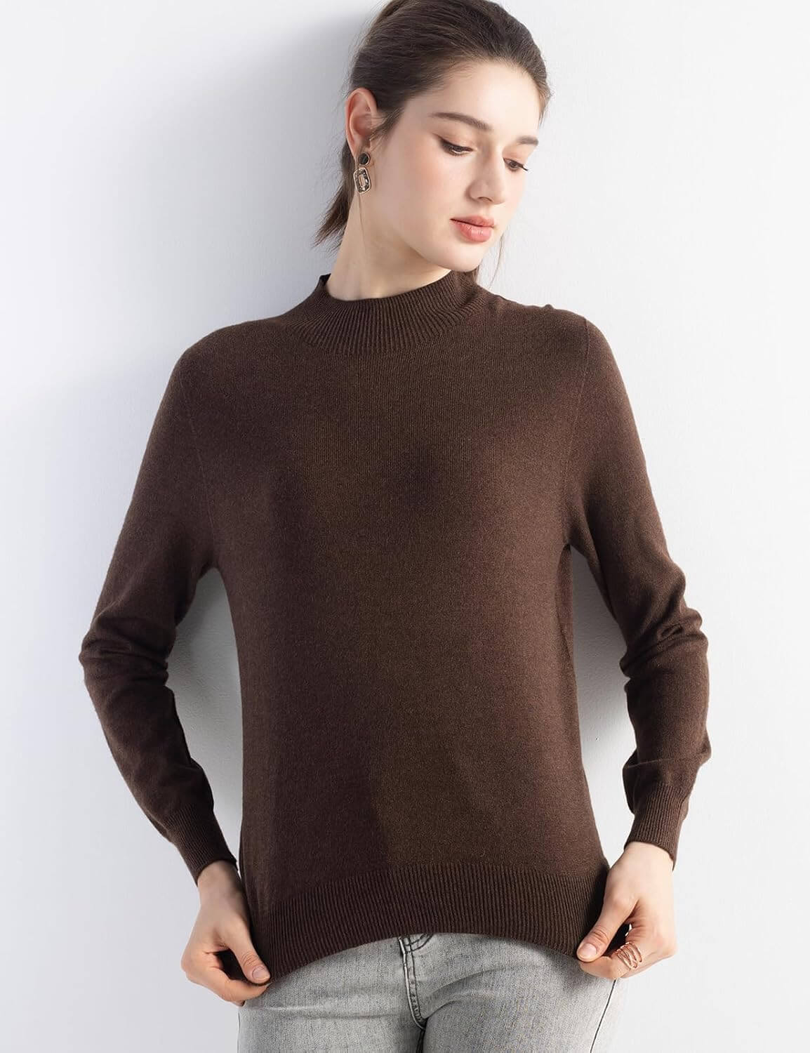 Merino Wool Blend Mock Neck Seamless Knit Sweater