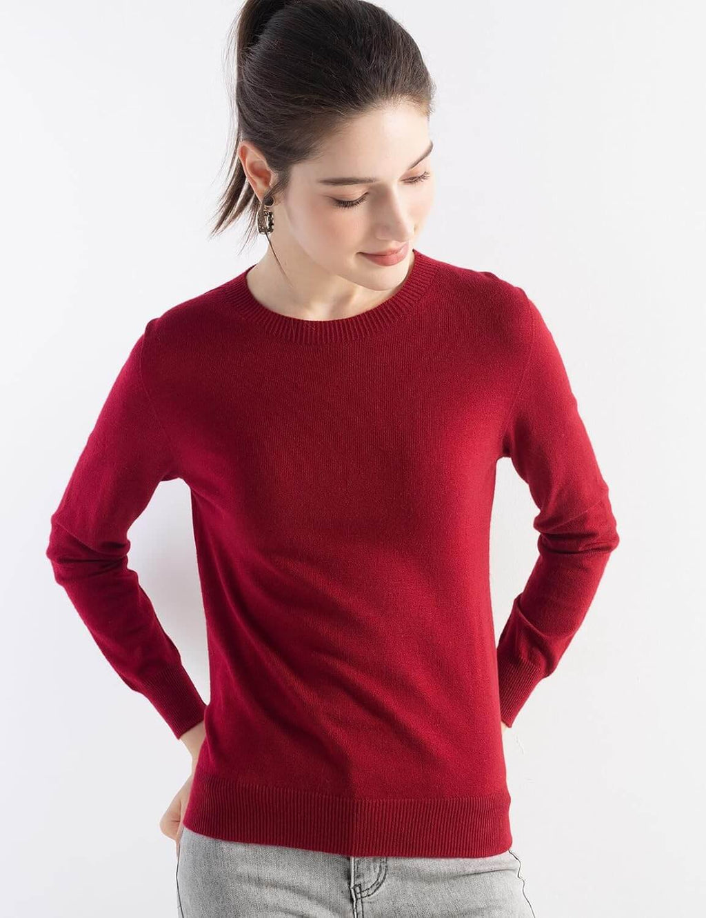 Merino Wool Blend Crew Neck Seamless Knit Sweater