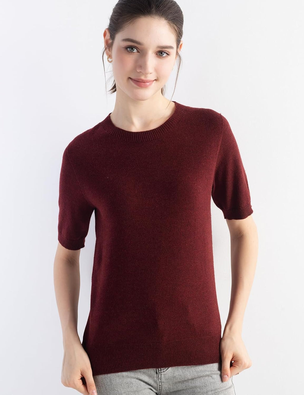 Merino Wool Blend Crew Neck Short Sleeve Seamless Knit Sweater