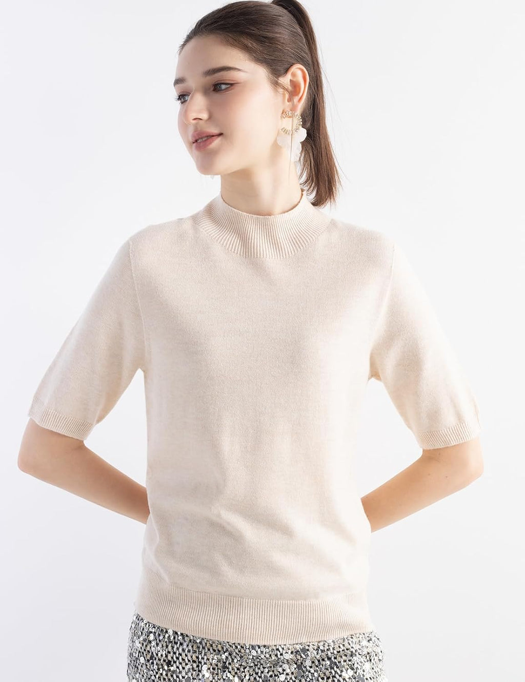 Merino Wool Blend Mock Neck Short Sleeve Seamless Knit Sweater