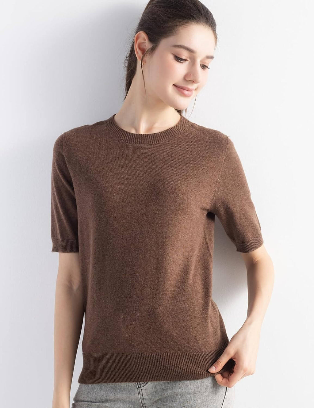 Merino Wool Blend Crew Neck Short Sleeve Seamless Knit Sweater