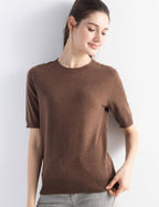 Merino Wool Blend Crew Neck Short Sleeve Seamless Knit Sweater