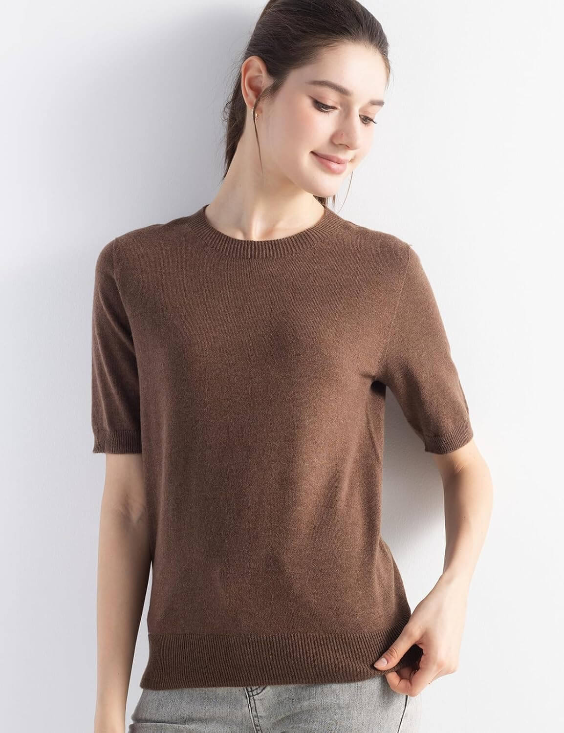 Merino Wool Blend Crew Neck Short Sleeve Seamless Knit Sweater