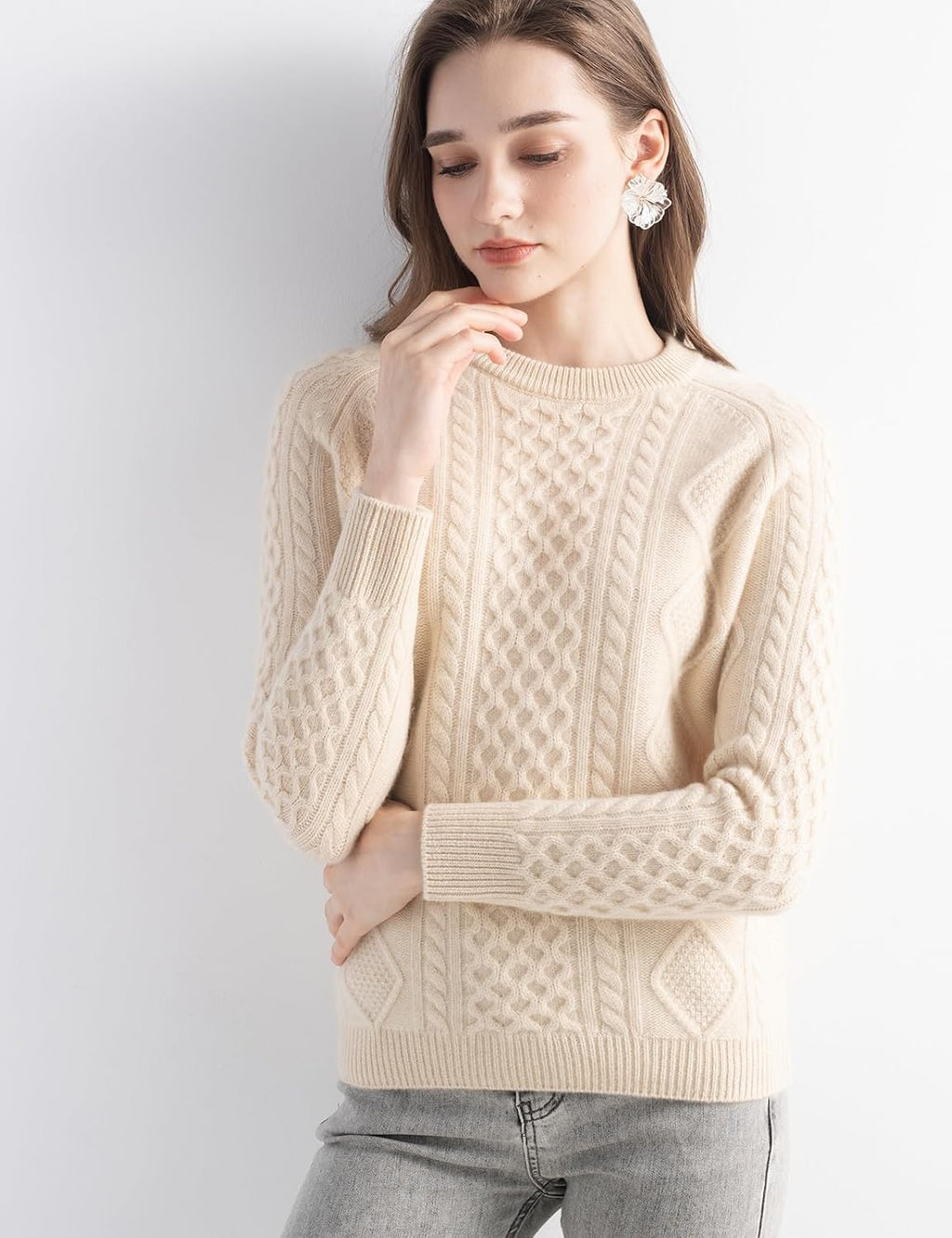 Mongolian Cashmere Slim Cable Crewneck Sweater