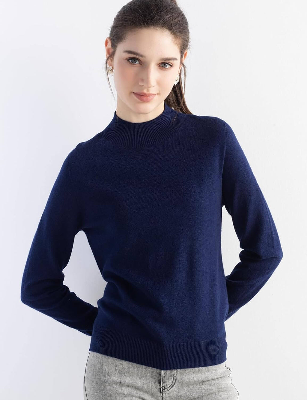 Merino Wool Blend Mock Neck Seamless Knit Sweater