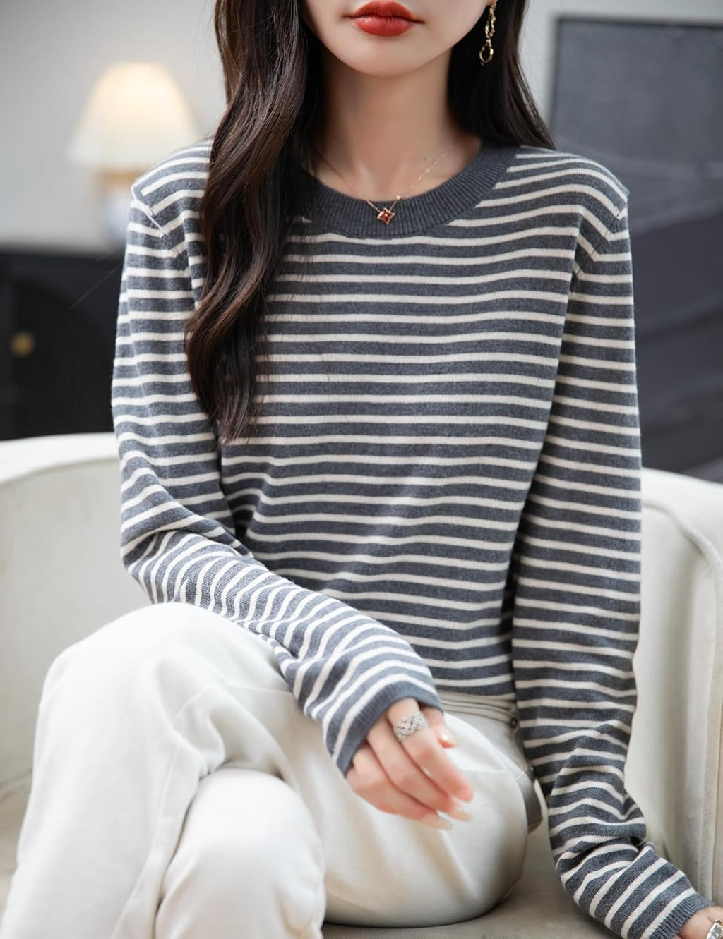 Merino Wool Blend Striped Crewneck Sweater