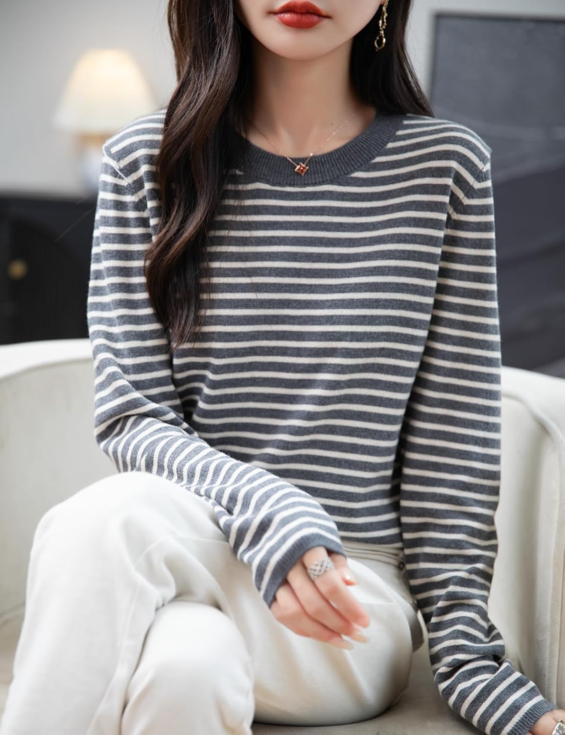 Merino Wool Blend Striped Crewneck Sweater