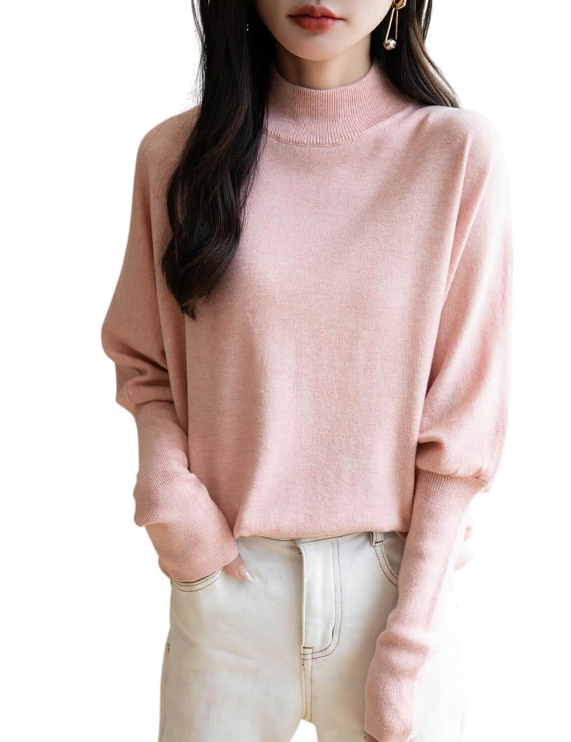 Merino Wool Blend Mock Neck Batwing Sleeve Sweater