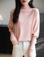 Merino Wool Blend Mock Neck Batwing Sleeve Sweater
