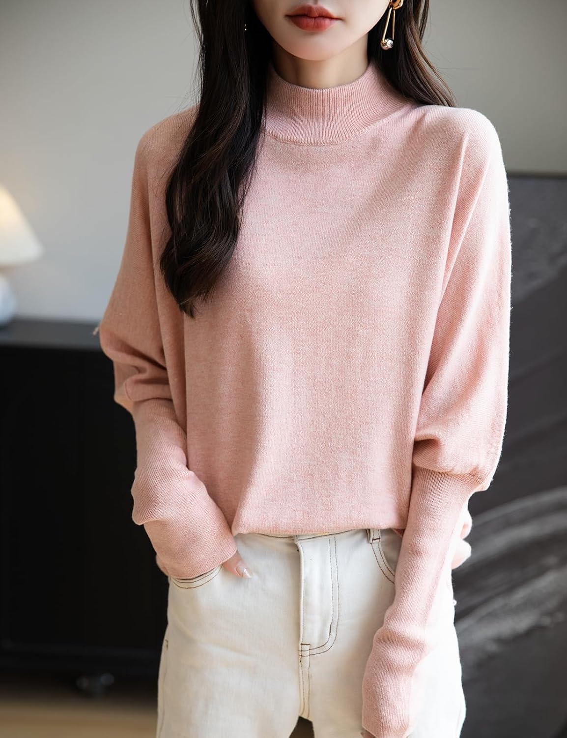 Merino Wool Blend Mock Neck Batwing Sleeve Sweater