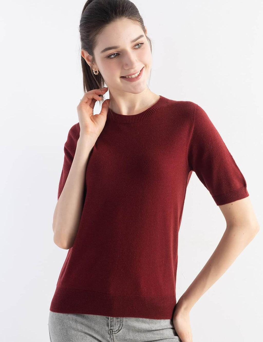Merino Wool Blend Crew Neck Short Sleeve Seamless Knit Sweater