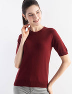 Merino Wool Blend Crew Neck Short Sleeve Seamless Knit Sweater