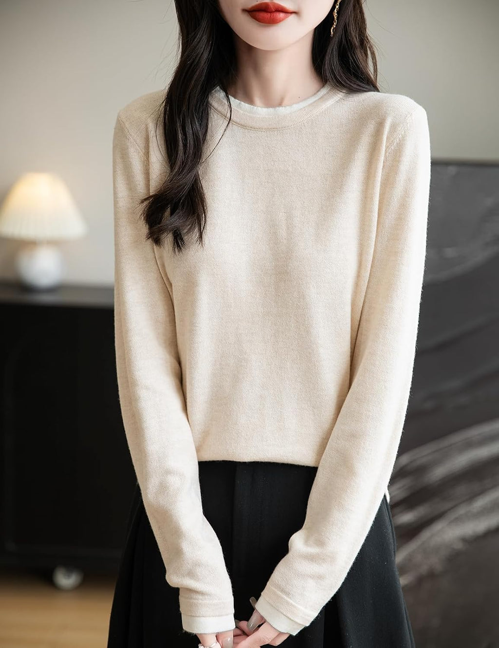 Merino Wool Blend Color Block Fake Two-Piece Crewneck Knit Top
