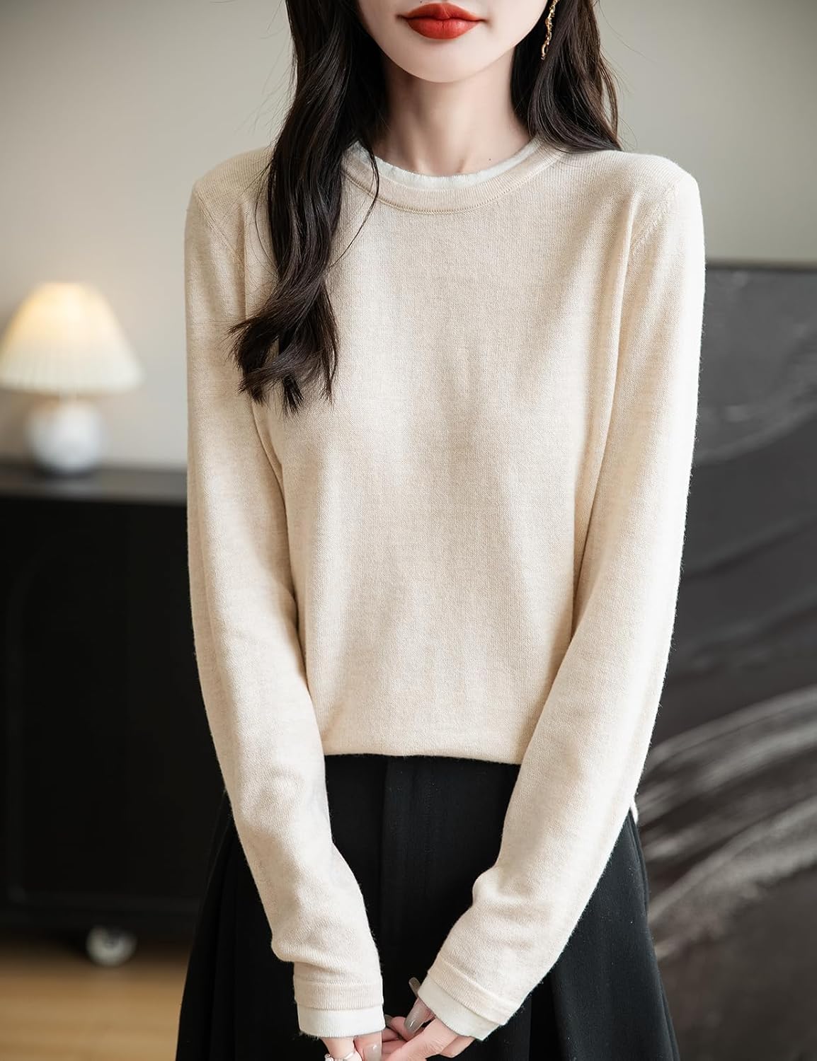 Merino Wool Blend Color Block Fake Two-Piece Crewneck Knit Top
