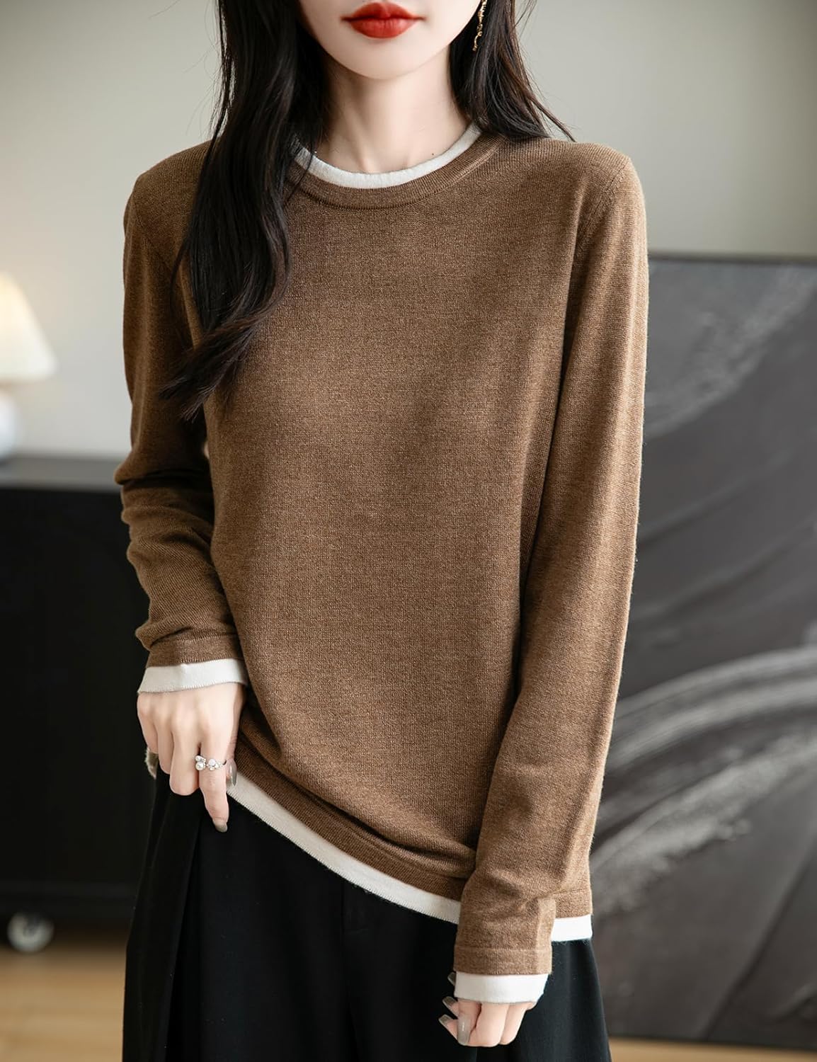 Merino Wool Blend Color Block Fake Two-Piece Crewneck Knit Top