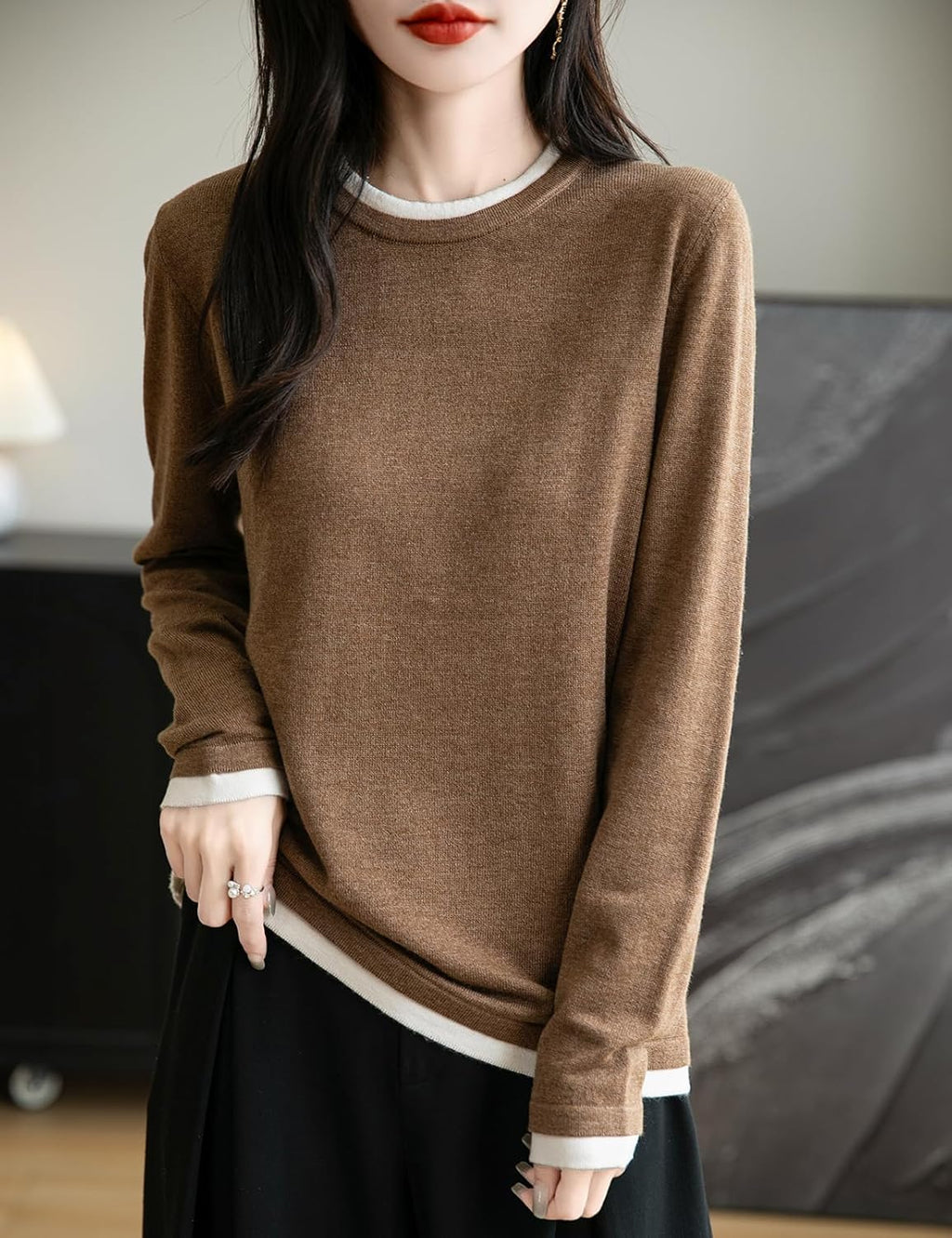Merino Wool Blend Color Block Fake Two-Piece Crewneck Knit Top