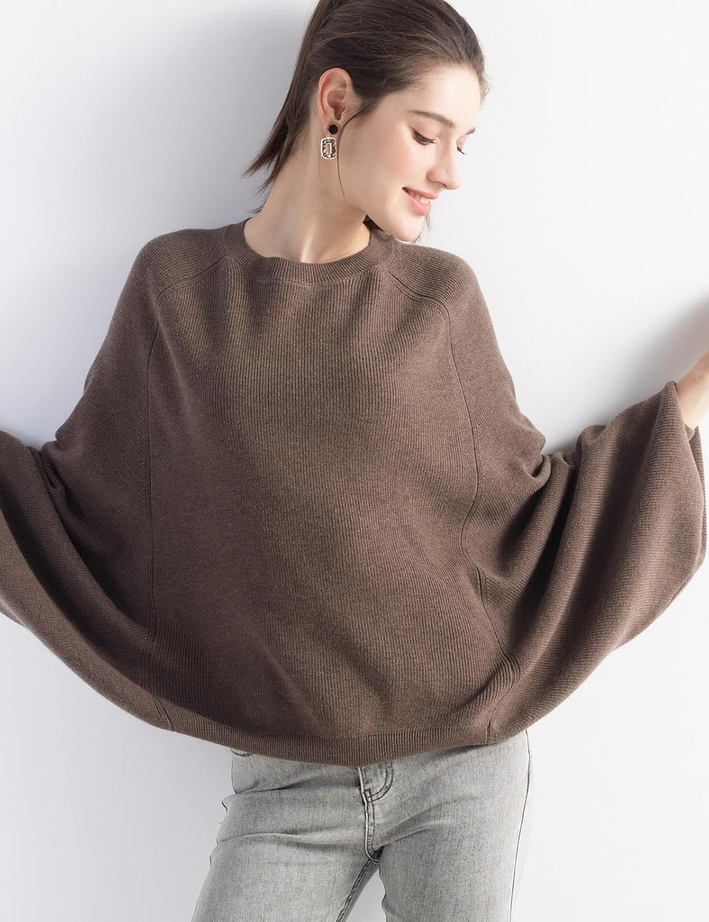 Merino Wool Blend Oversized Crewneck Batwing Sweater