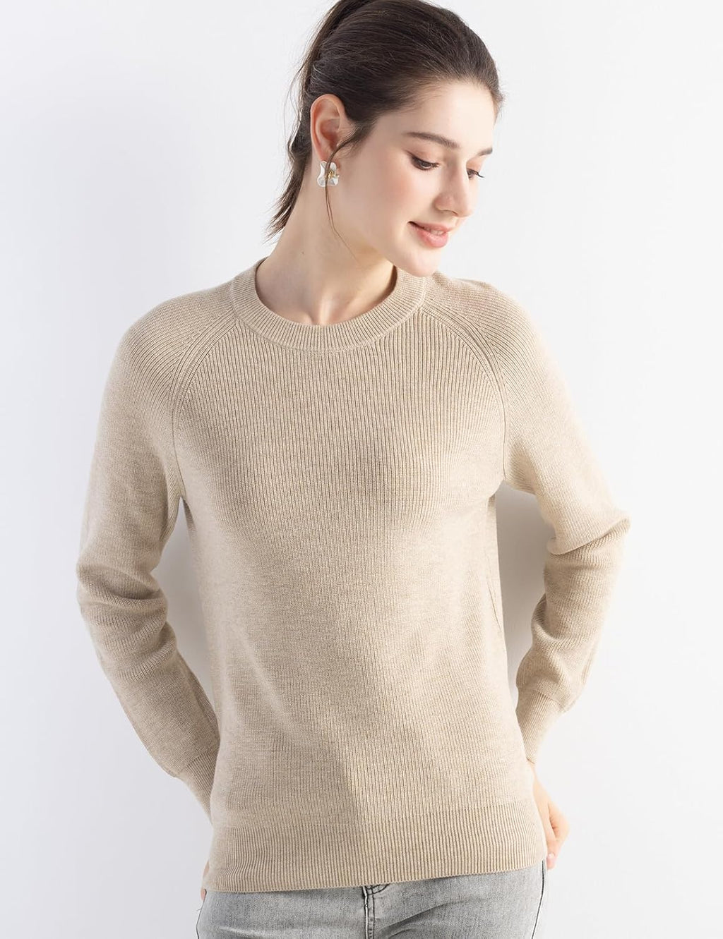 Merino Wool Blend Crew Neck Knit Sweater