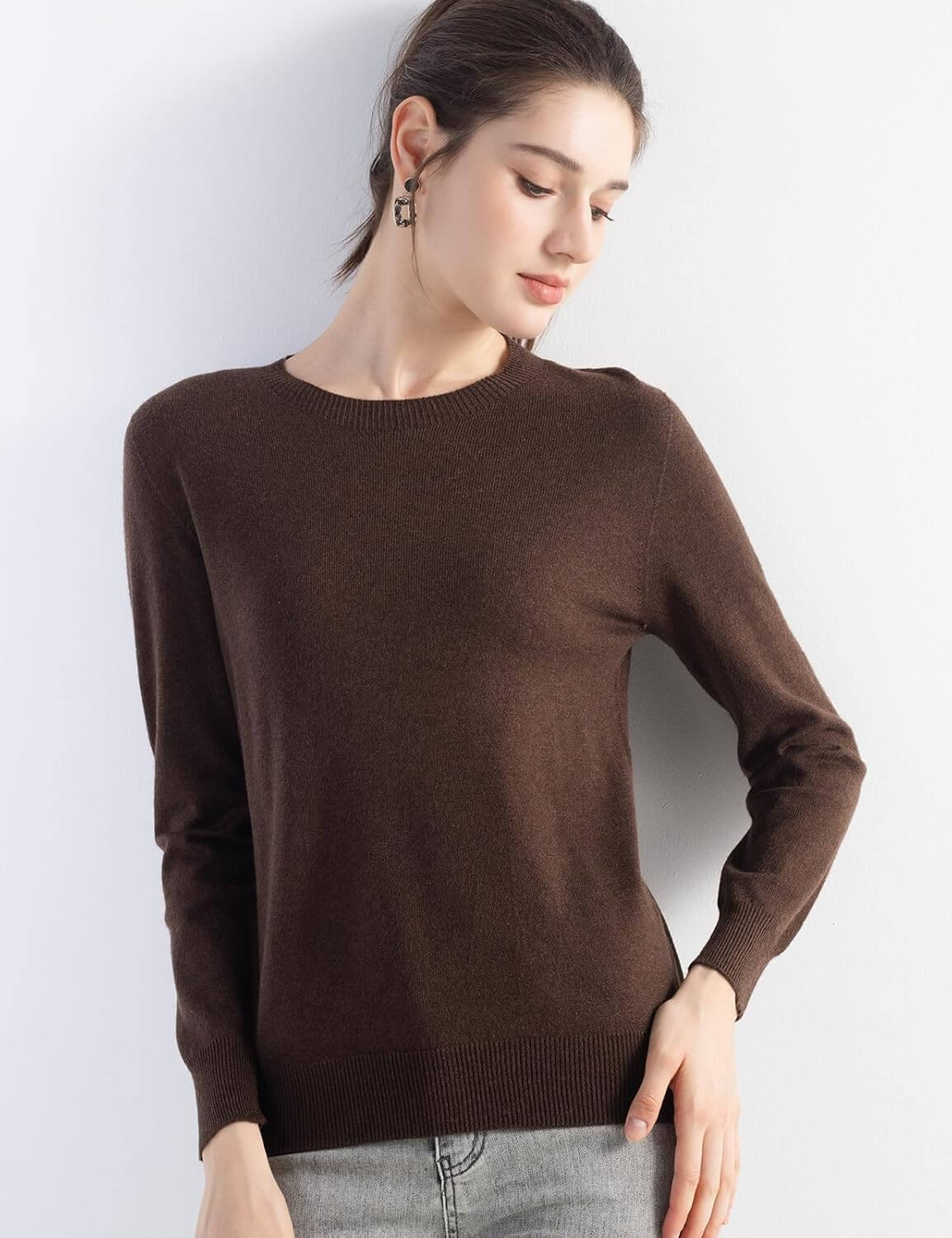 Merino Wool Blend Crew Neck Seamless Knit Sweater
