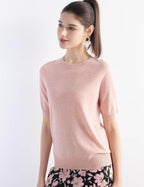 Merino Wool Blend Crew Neck Short Sleeve Seamless Knit Sweater