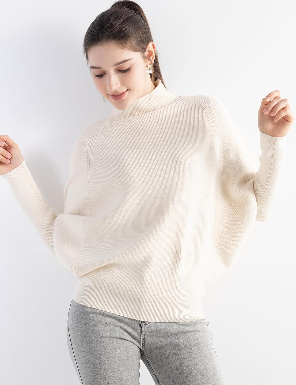Merino Wool Blend Oversized Mock Neck Batwing Knit Sweater