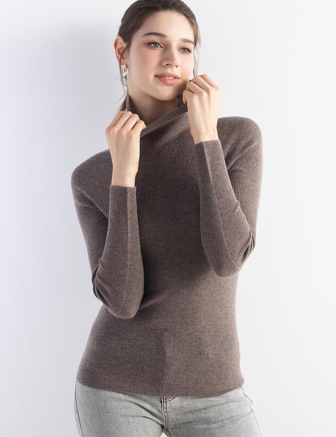 Merino Wool Blend Ribbed Turtleneck Slim Fit Sweater